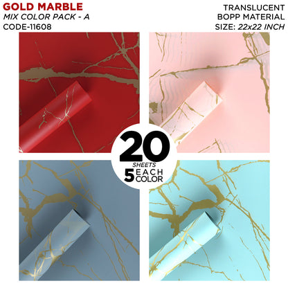 Gold Marble Veins - Mix Color 20 Sheet Pack - Frosted Translucent Floral or Money Bouquet Wrapping Sheets