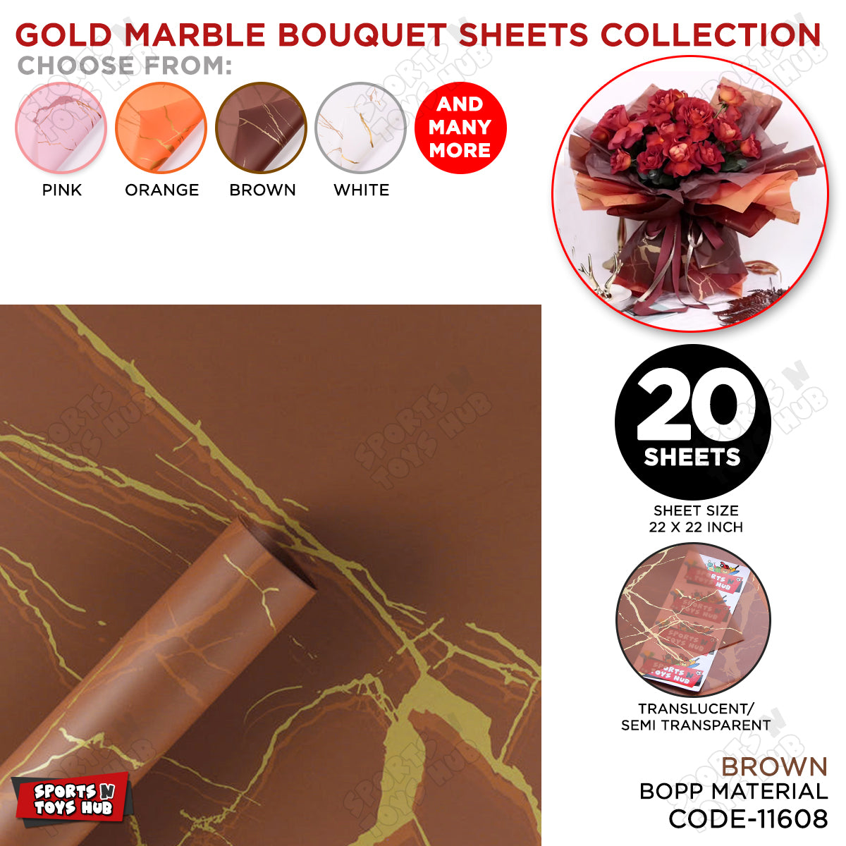 New Gold Marble Veins Frosted Translucent Floral or Money Bouquet Wrapping Sheets
