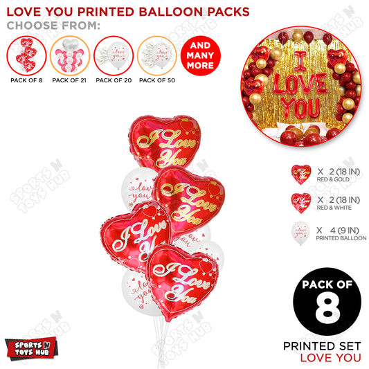 Heart Shape Printed Foil Balloon With Printed White Latex Balloon Pack Of 8 Set