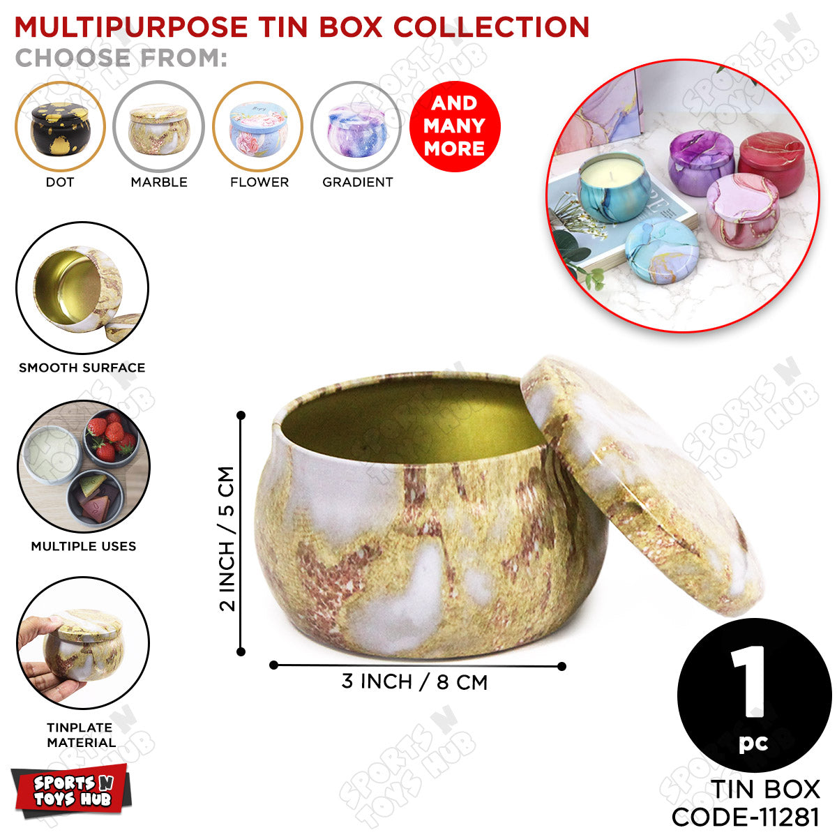 Tin Gold Marble Pattern Multipurpose Box