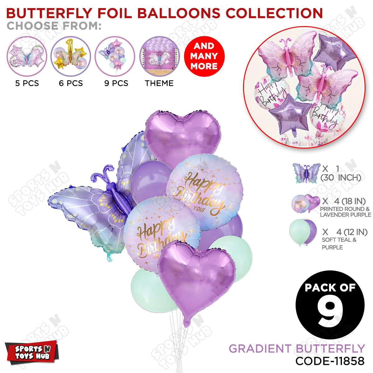 Gradient Purple & Blue Butterfly Pack Of 9 Foil Balloon Set