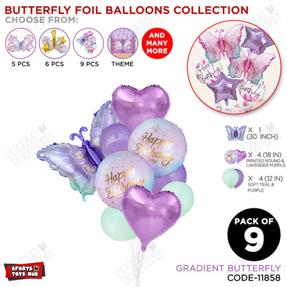 Gradient Purple & Blue Butterfly Pack Of 9 Foil Balloon Set
