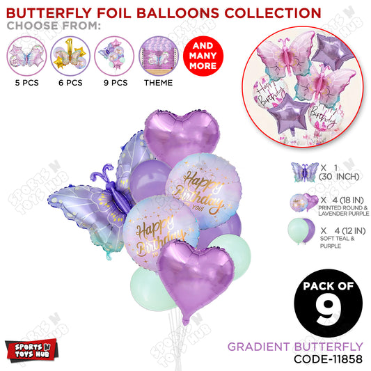 Gradient Purple & Blue Butterfly Pack Of 9 Foil Balloon Set
