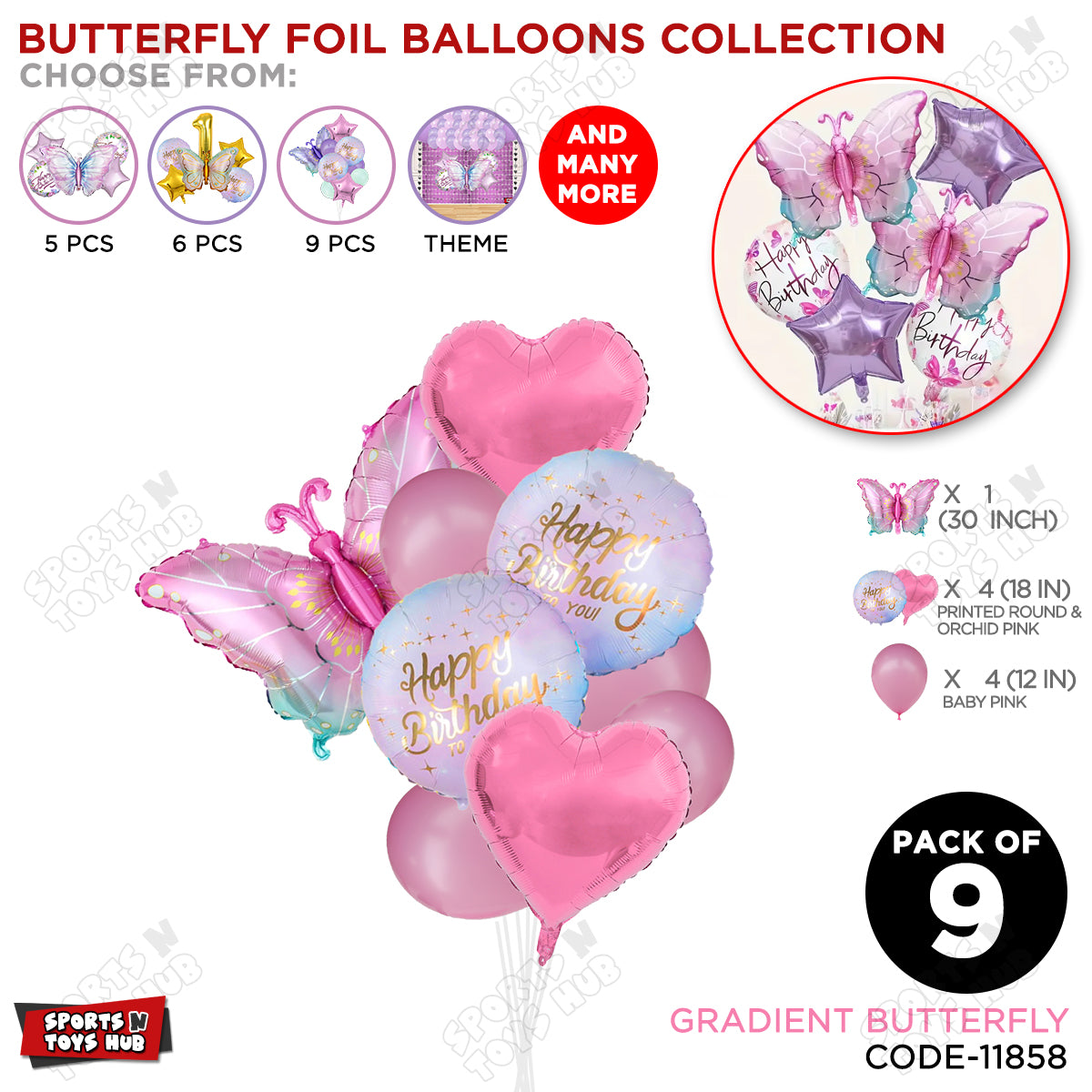 Gradient Pink & Blue Butterfly Pack Of 9 Foil Balloon Set