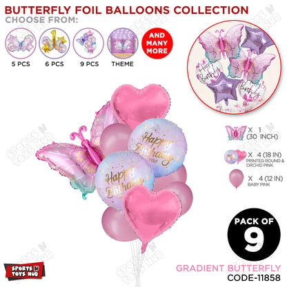 Gradient Pink & Blue Butterfly Pack Of 9 Foil Balloon Set