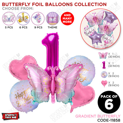 Gradient Pink & Blue Butterfly Pack Of 6 Foil Balloon Set