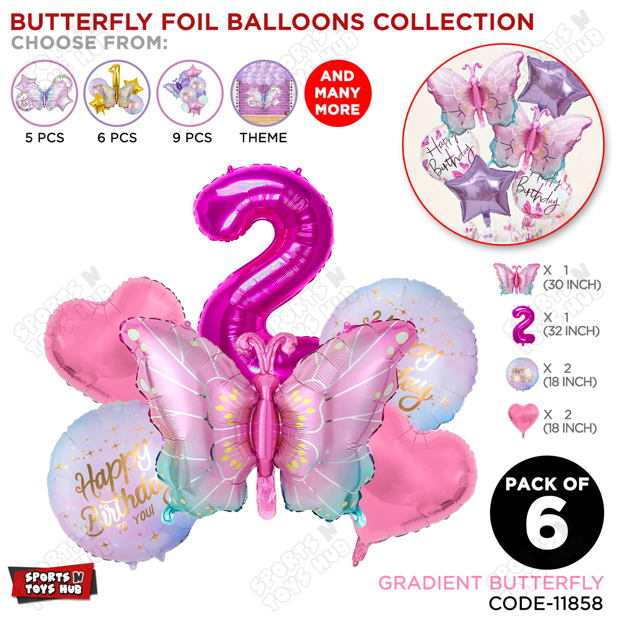 Gradient Pink & Blue Butterfly Pack Of 6 Foil Balloon Set