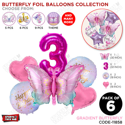 Gradient Pink & Blue Butterfly Pack Of 6 Foil Balloon Set
