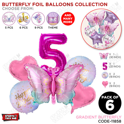 Gradient Pink & Blue Butterfly Pack Of 6 Foil Balloon Set