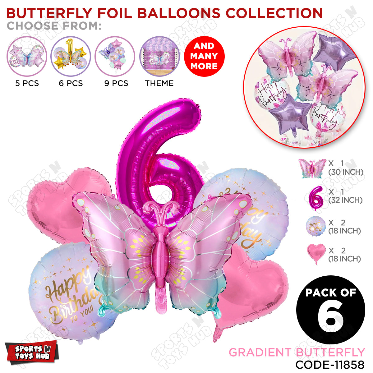 Gradient Pink & Blue Butterfly Pack Of 6 Foil Balloon Set