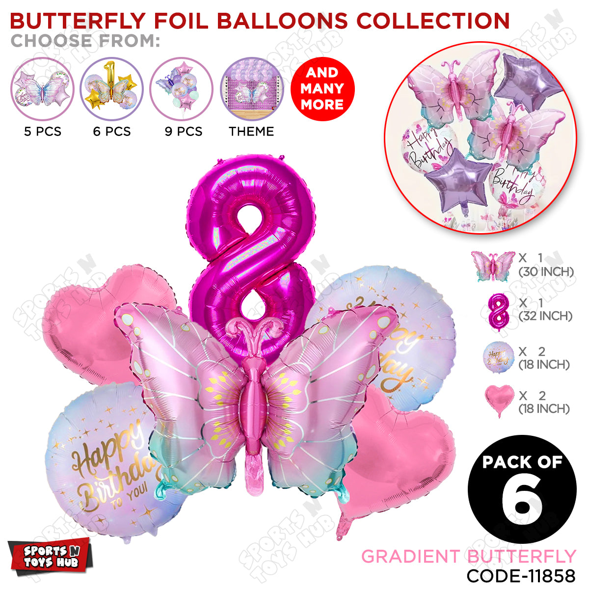 Gradient Pink & Blue Butterfly Pack Of 6 Foil Balloon Set