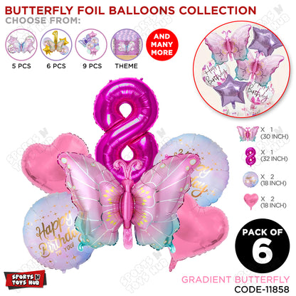 Gradient Pink & Blue Butterfly Pack Of 6 Foil Balloon Set