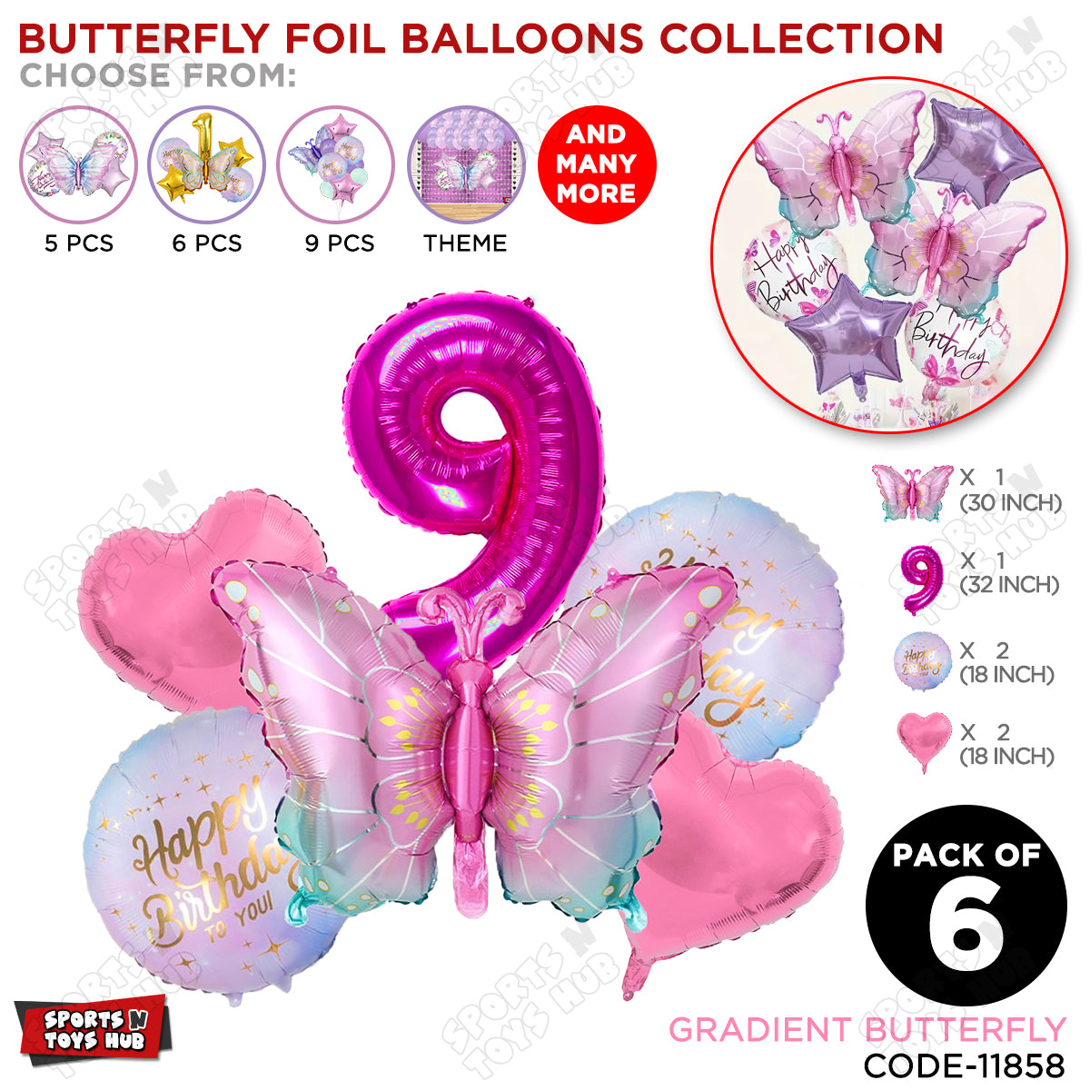 Gradient Pink & Blue Butterfly Pack Of 6 Foil Balloon Set