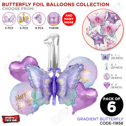 Gradient Blue & Purple Butterfly Pack Of 6 Foil Balloon Set
