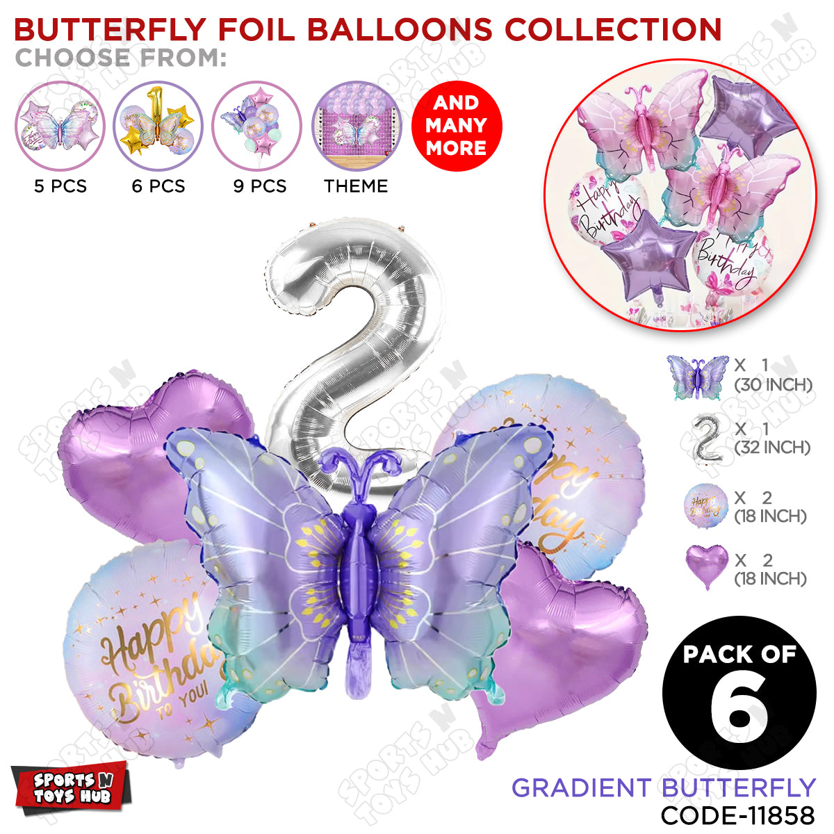 Gradient Blue & Purple Butterfly Pack Of 6 Foil Balloon Set