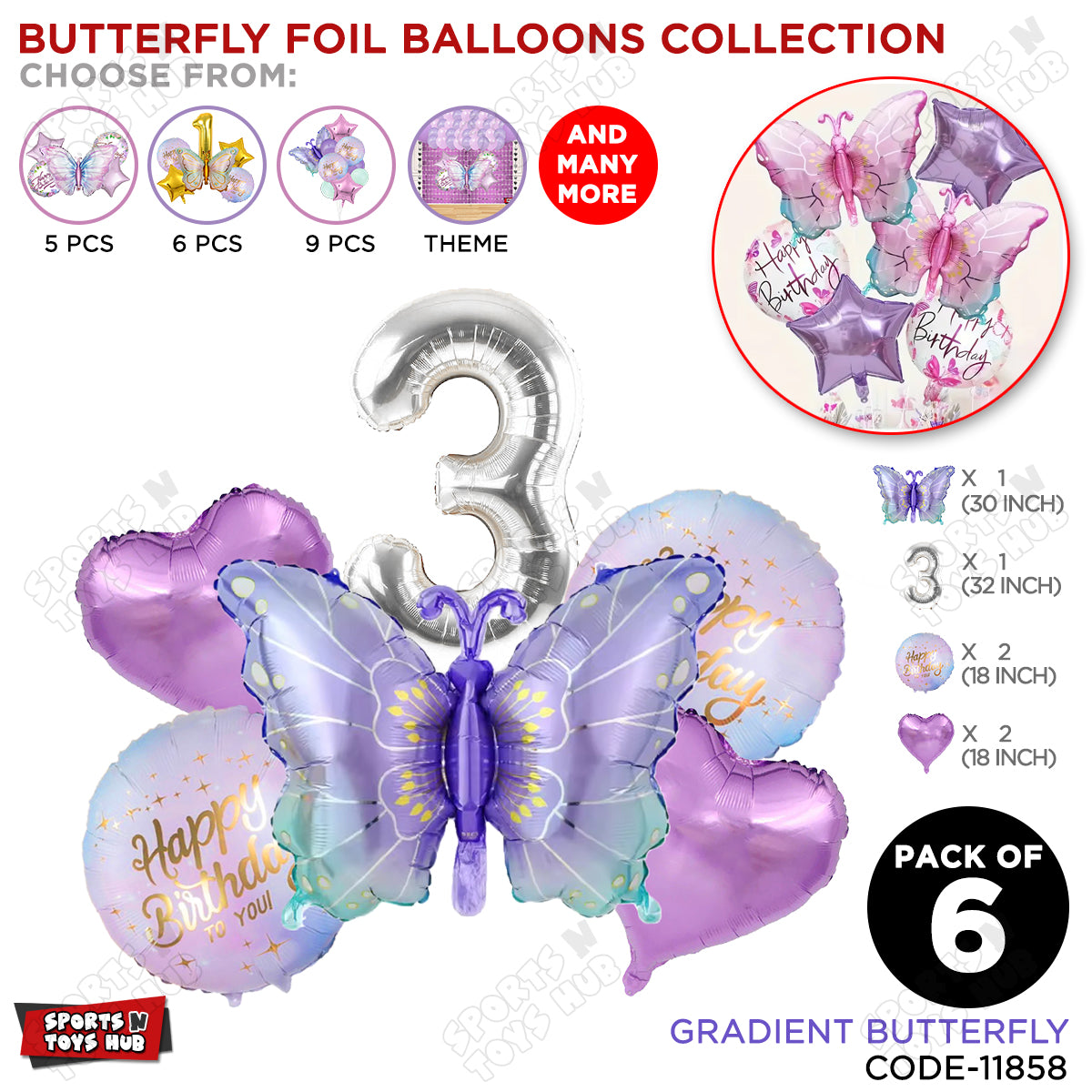 Gradient Blue & Purple Butterfly Pack Of 6 Foil Balloon Set