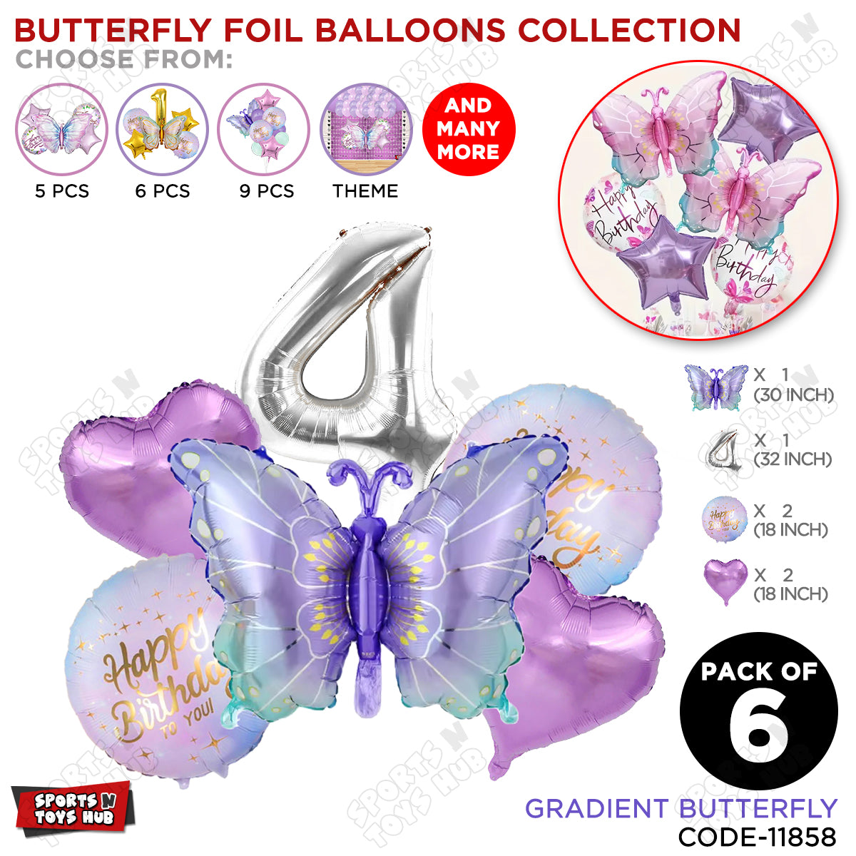 Gradient Blue & Purple Butterfly Pack Of 6 Foil Balloon Set