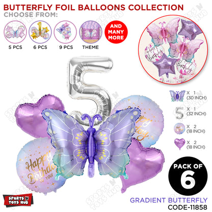 Gradient Blue & Purple Butterfly Pack Of 6 Foil Balloon Set