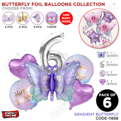 Gradient Blue & Purple Butterfly Pack Of 6 Foil Balloon Set