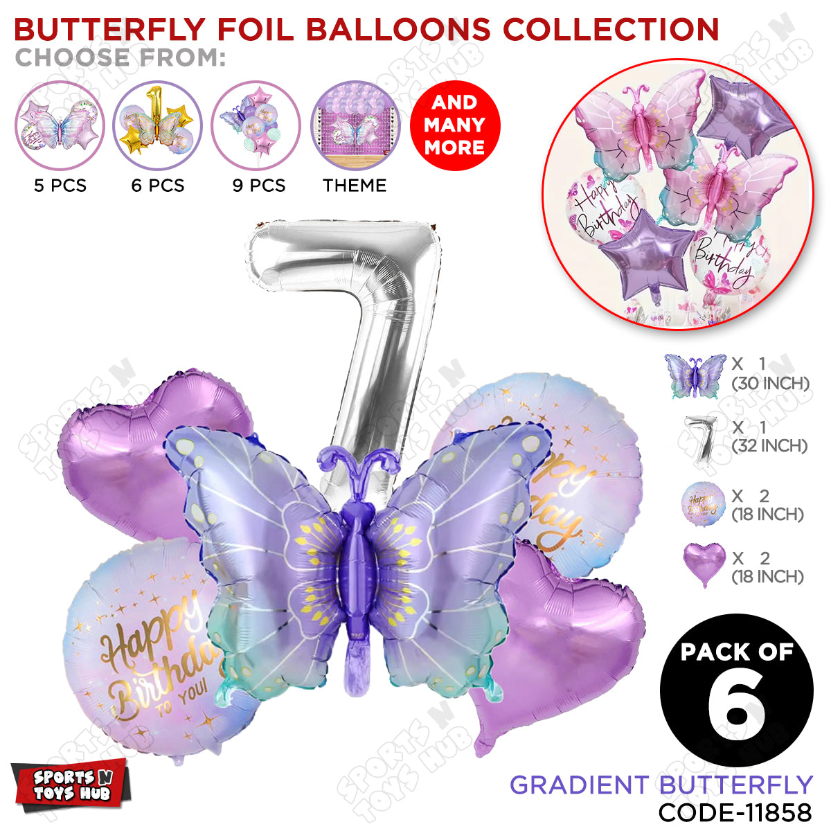 Gradient Blue & Purple Butterfly Pack Of 6 Foil Balloon Set