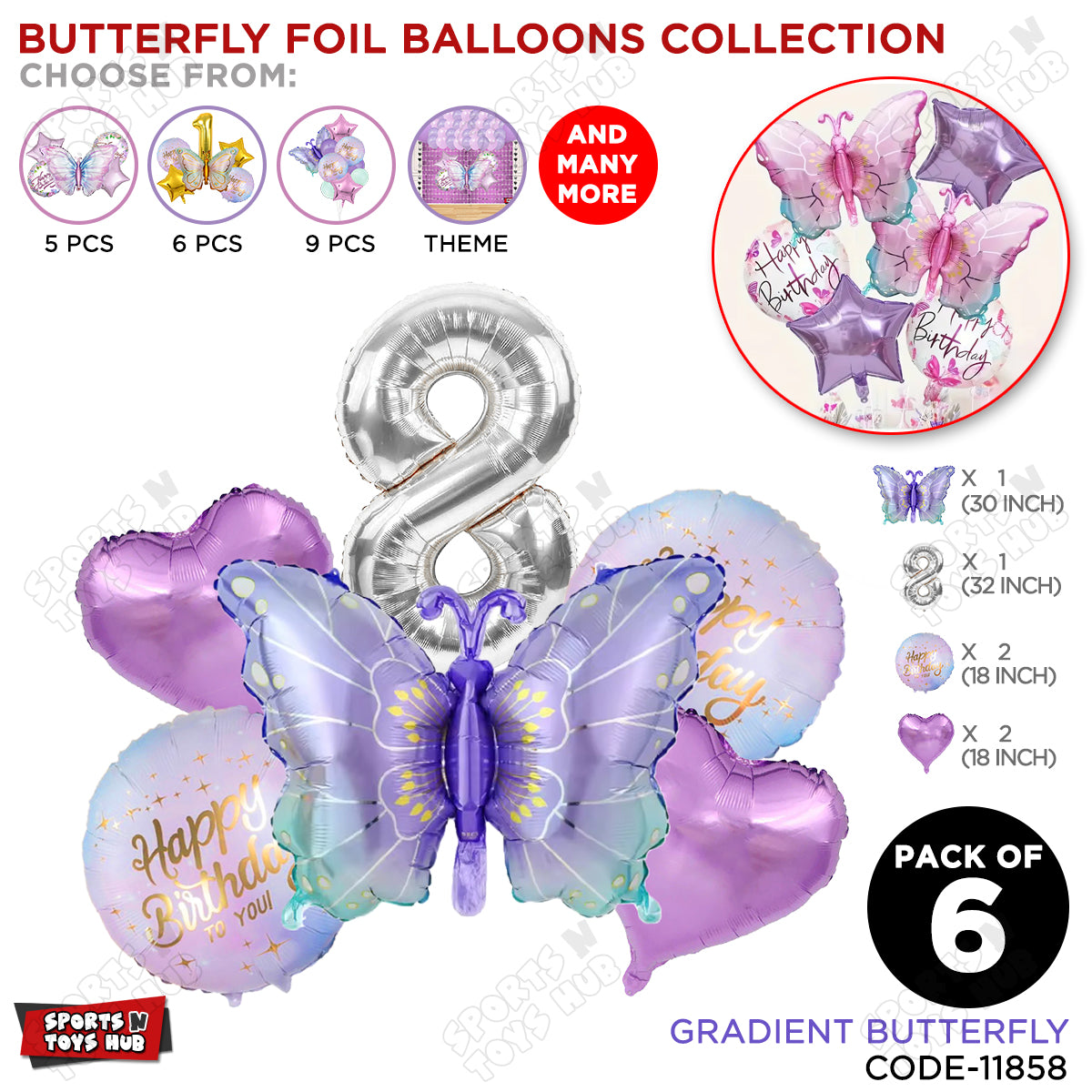 Gradient Blue & Purple Butterfly Pack Of 6 Foil Balloon Set