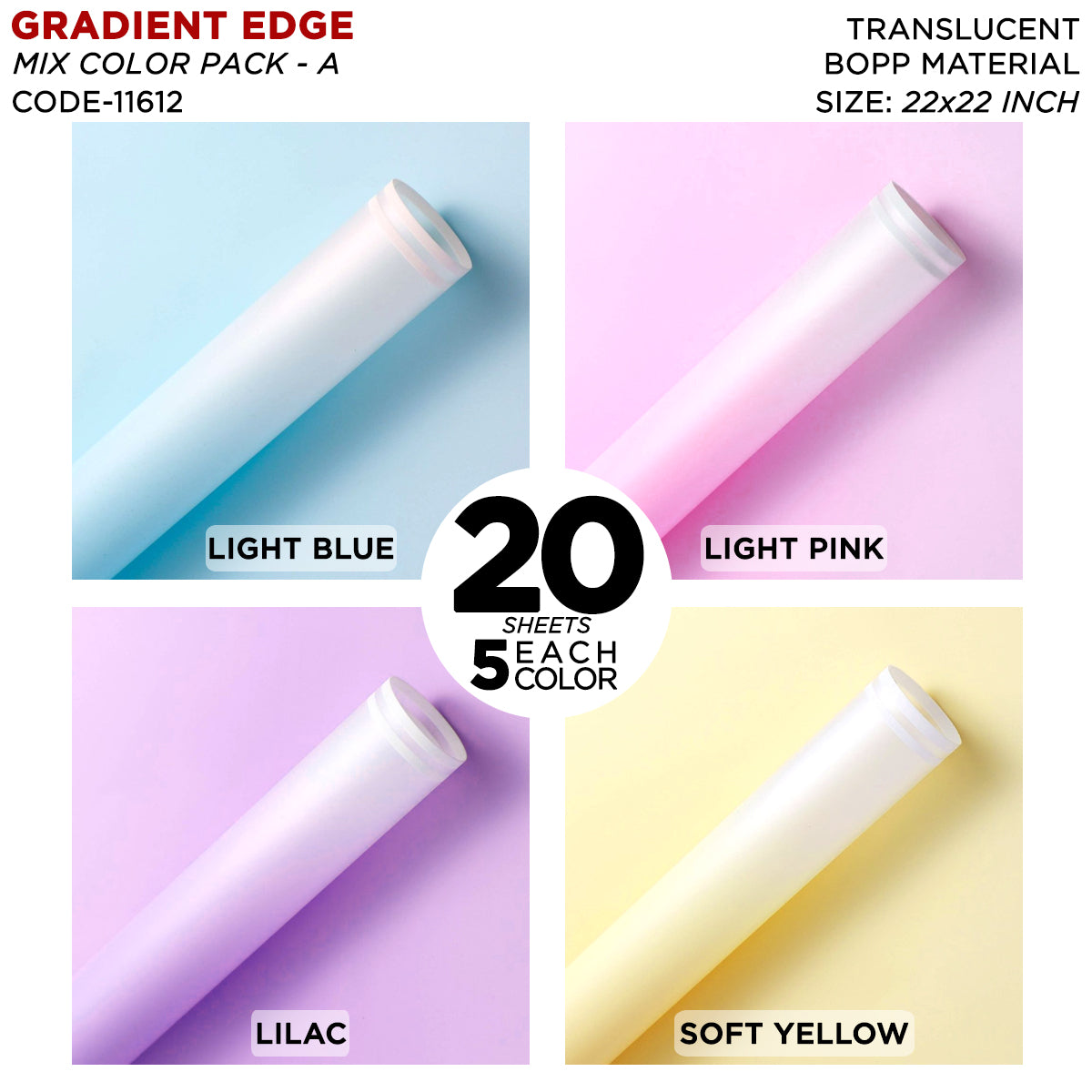 Gradient Edge Solid to Clear with Dual Pin Lines - Mix Color 20 Sheet Pack - Translucent Bouquet Wrapping Sheets