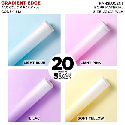 Gradient Edge Solid to Clear with Dual Pin Lines - Mix Color 20 Sheet Pack - Translucent Bouquet Wrapping Sheets