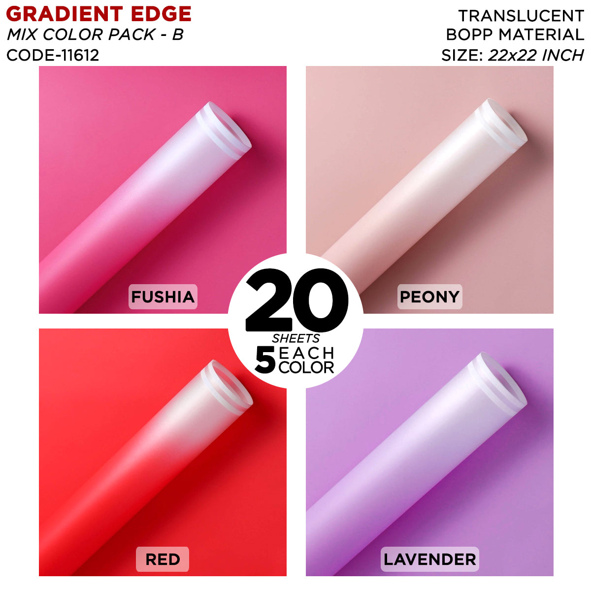 Gradient Edge Solid to Clear with Dual Pin Lines - Mix Color 20 Sheet Pack - Translucent Bouquet Wrapping Sheets
