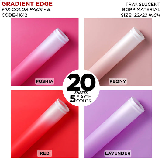 Gradient Edge Solid to Clear with Dual Pin Lines - Mix Color 20 Sheet Pack - Translucent Bouquet Wrapping Sheets