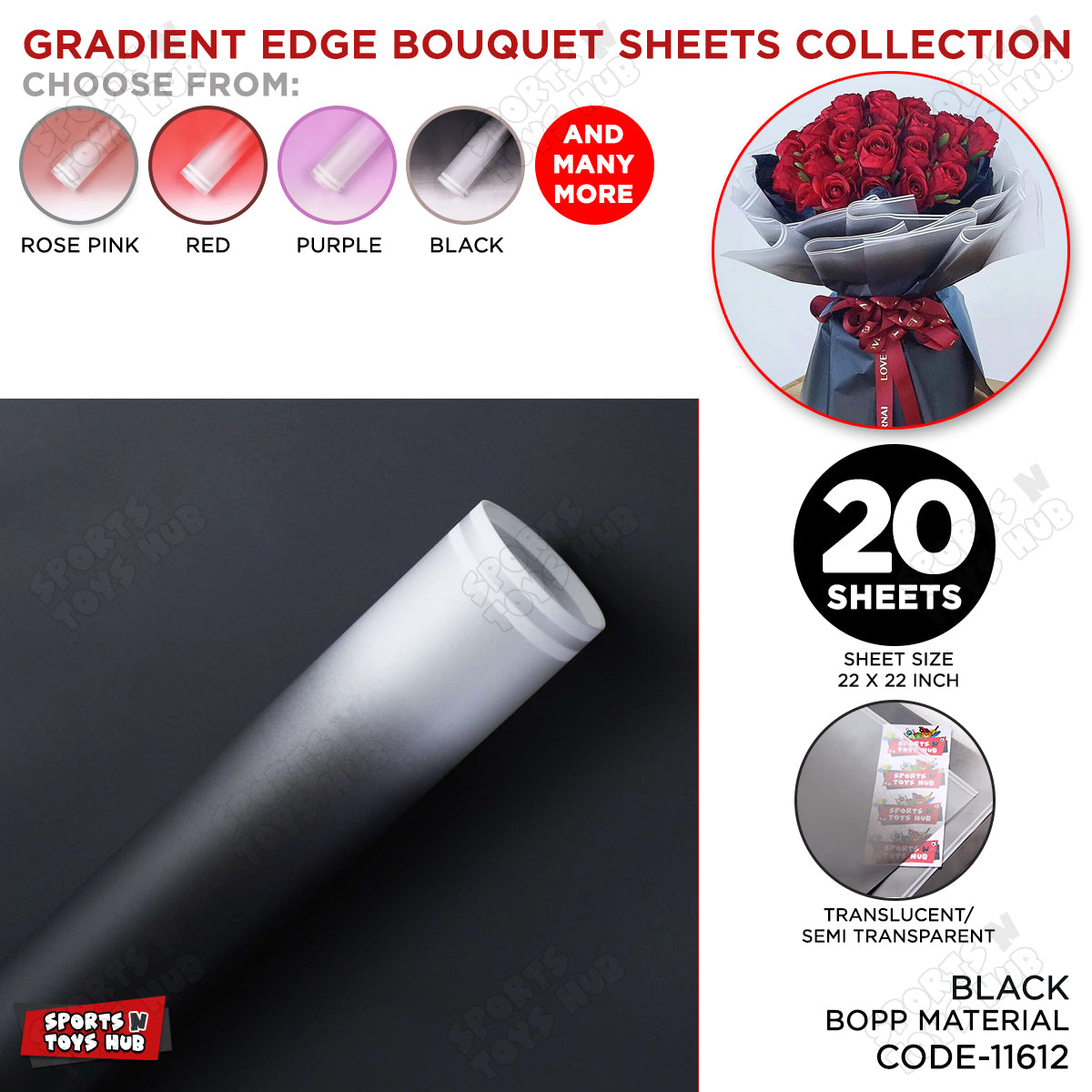 New Gradient Edge Solid to Clear with Dual Pin Lines Translucent Bouquet Wrapping Sheets
