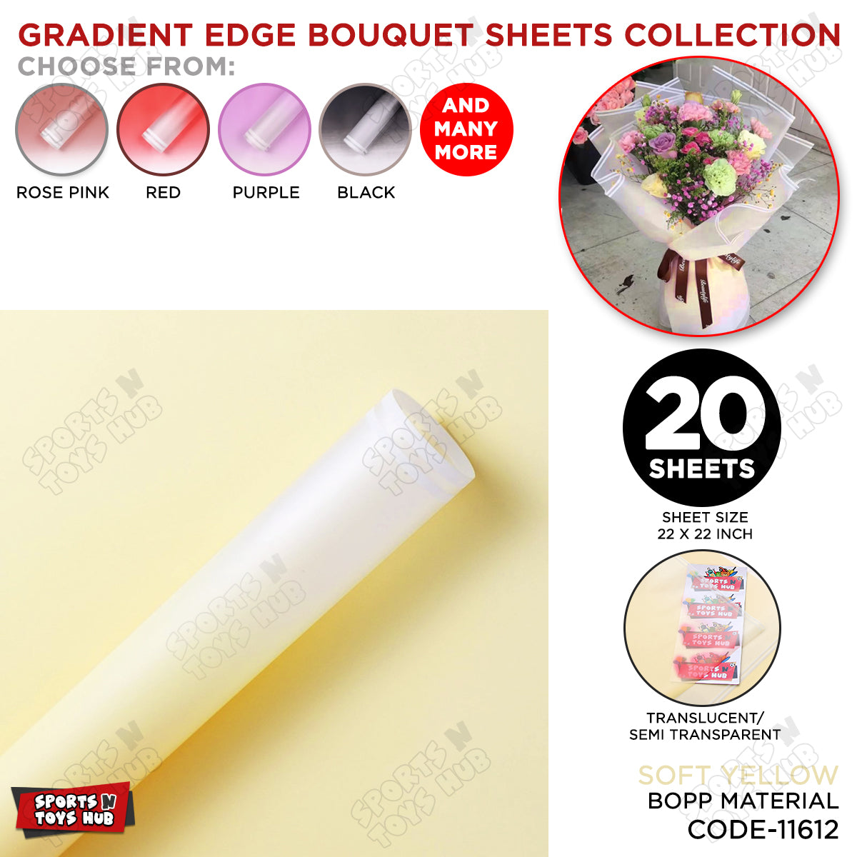 New Gradient Edge Solid to Clear with Dual Pin Lines Translucent Bouquet Wrapping Sheets