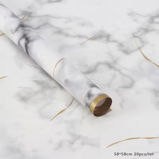 Cloudy Marble Pattern Golden Border Translucent Wrapping Paper, Floral Gifting Sheets Bouquet Collection