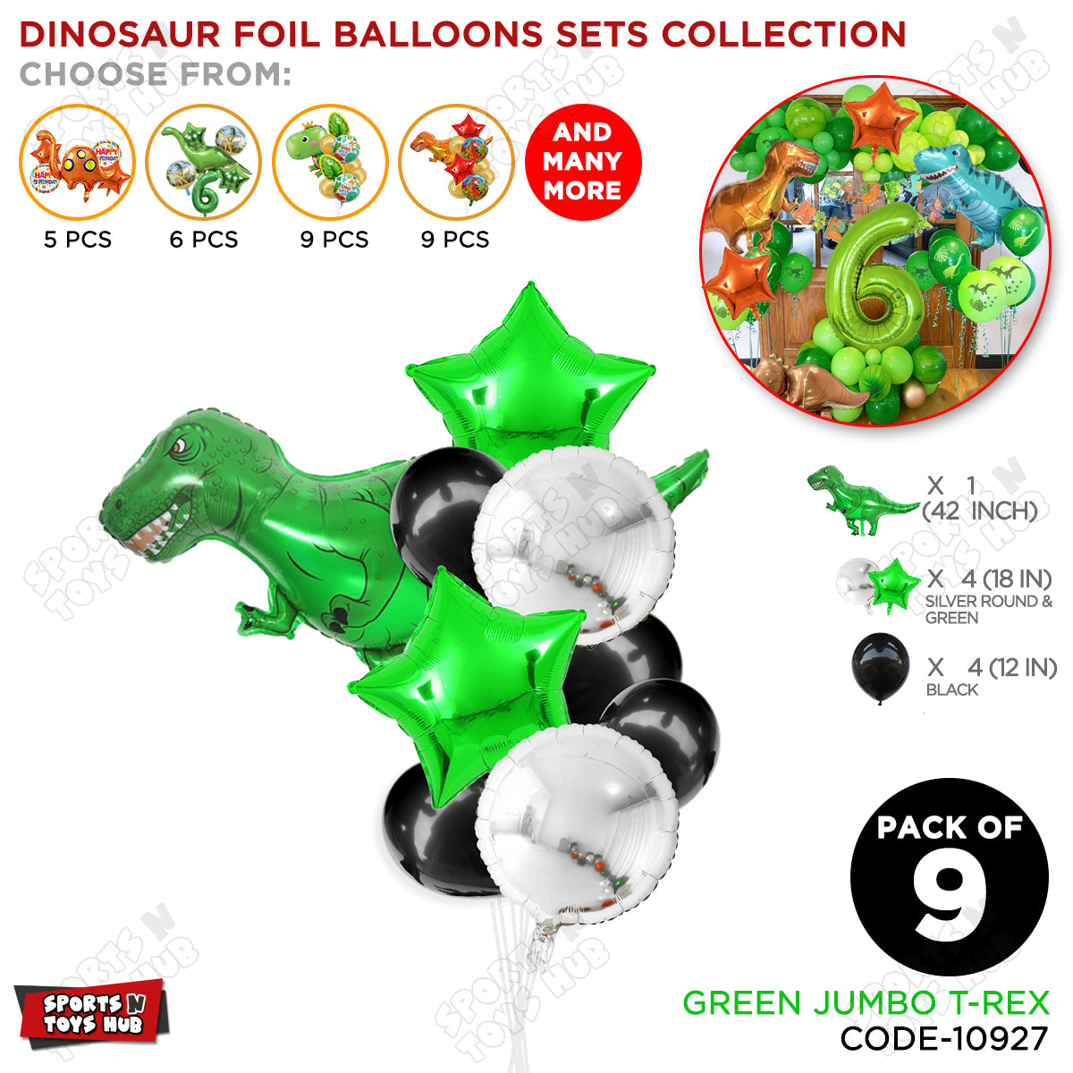 T-Rex Green Dino Pack Of 9 Foil Balloon Set