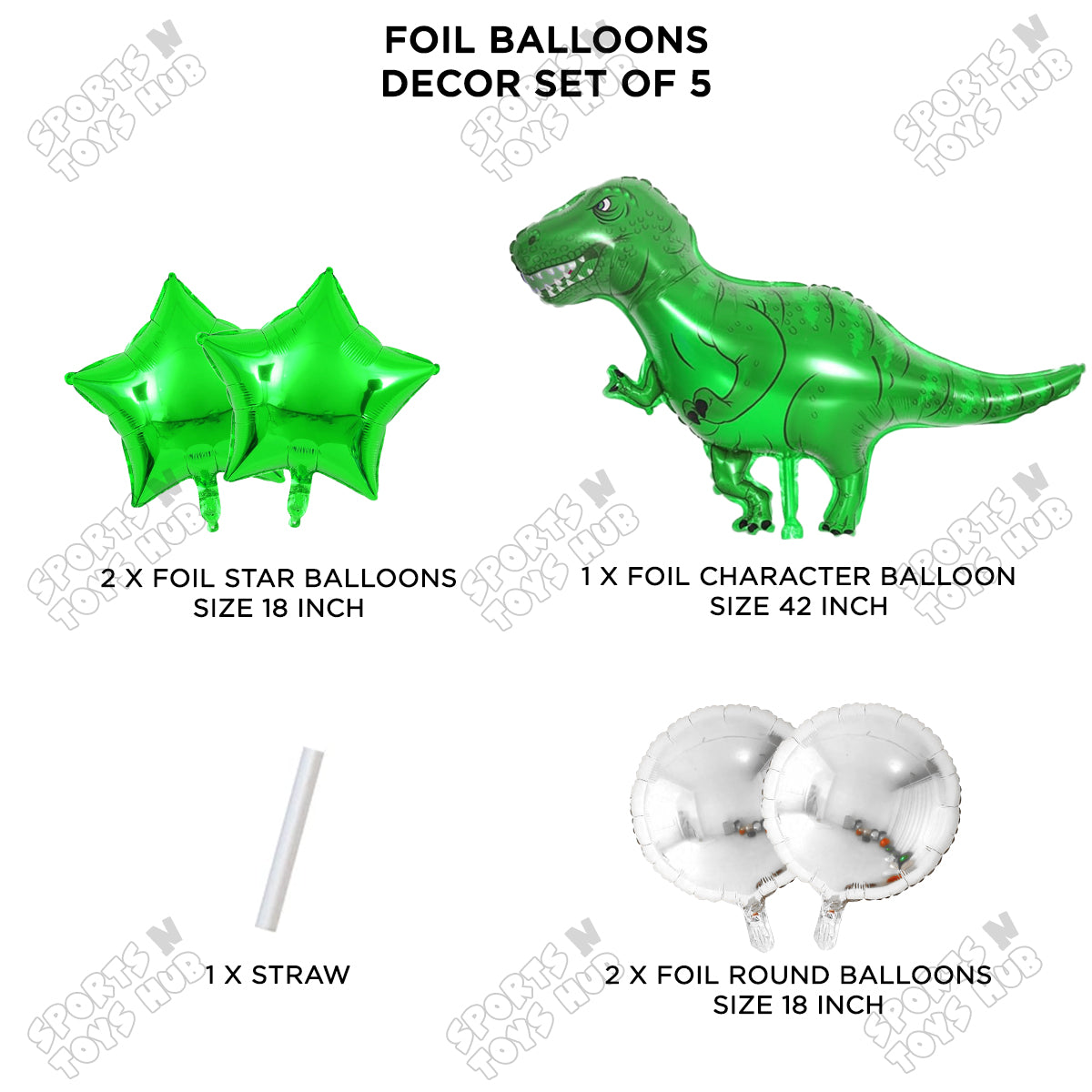 Jumbo T-Rex Green Dino Pack Of 5 Foil Balloon Set