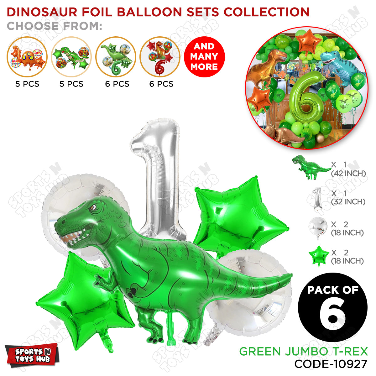 Jumbo T-Rex Green Dino Foil Balloon Pack Of 6 Set With 32 Inch Foil Number Balloons