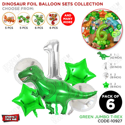 Jumbo T-Rex Green Dino Foil Balloon Pack Of 6 Set With 32 Inch Foil Number Balloons