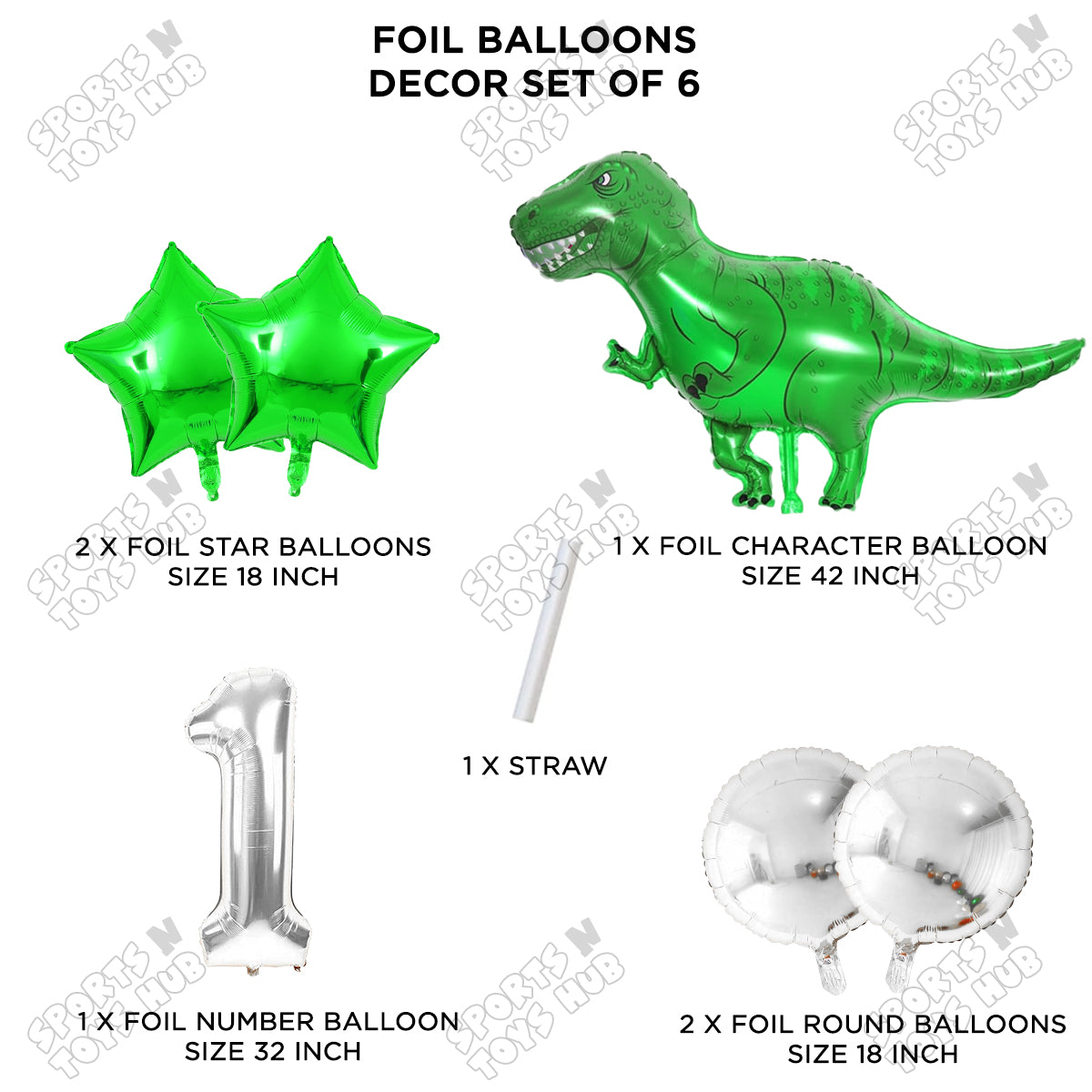 Jumbo T-Rex Green Dino Foil Balloon Pack Of 6 Set With 32 Inch Foil Number Balloons
