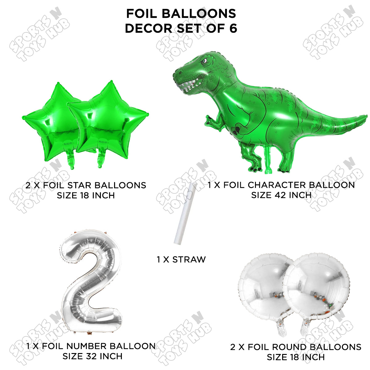 Jumbo T-Rex Green Dino Foil Balloon Pack Of 6 Set With 32 Inch Foil Number Balloons