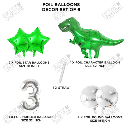 Jumbo T-Rex Green Dino Foil Balloon Pack Of 6 Set With 32 Inch Foil Number Balloons