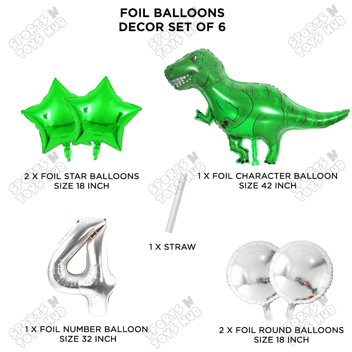 Jumbo T-Rex Green Dino Foil Balloon Pack Of 6 Set With 32 Inch Foil Number Balloons