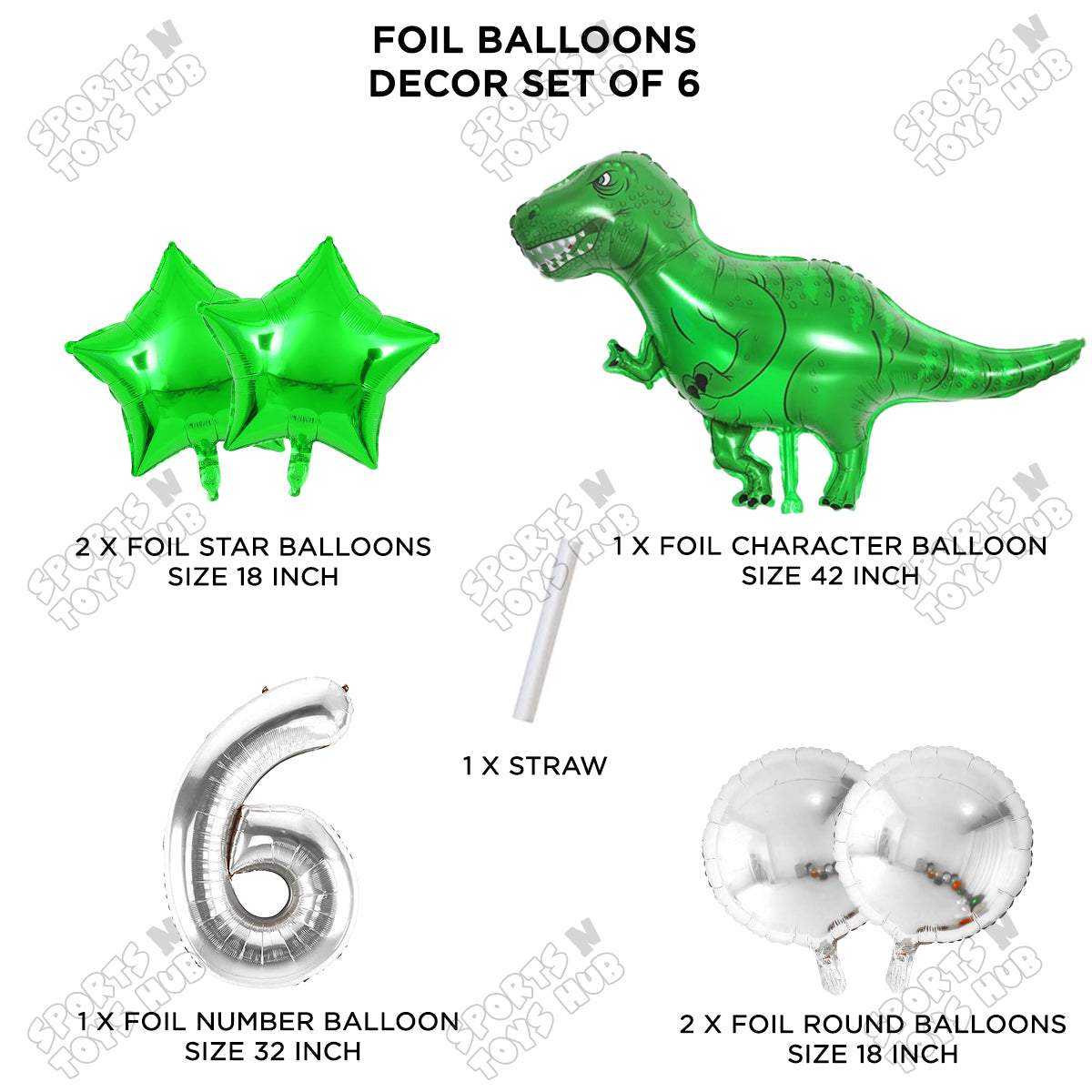 Jumbo T-Rex Green Dino Foil Balloon Pack Of 6 Set With 32 Inch Foil Number Balloons