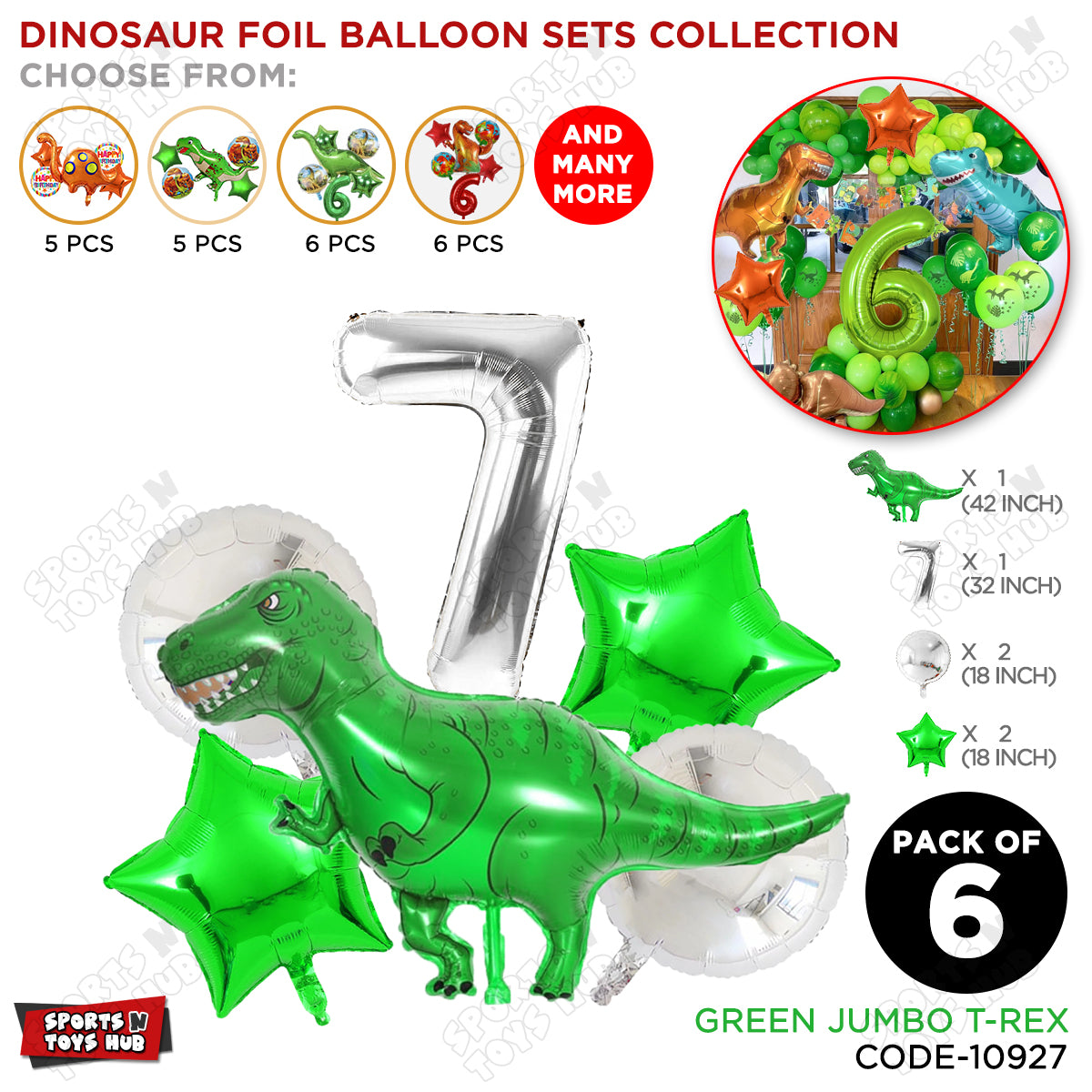 Jumbo T-Rex Green Dino Foil Balloon Pack Of 6 Set With 32 Inch Foil Number Balloons