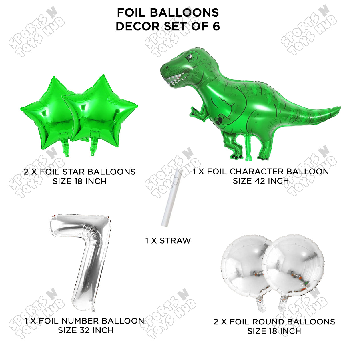 Jumbo T-Rex Green Dino Foil Balloon Pack Of 6 Set With 32 Inch Foil Number Balloons