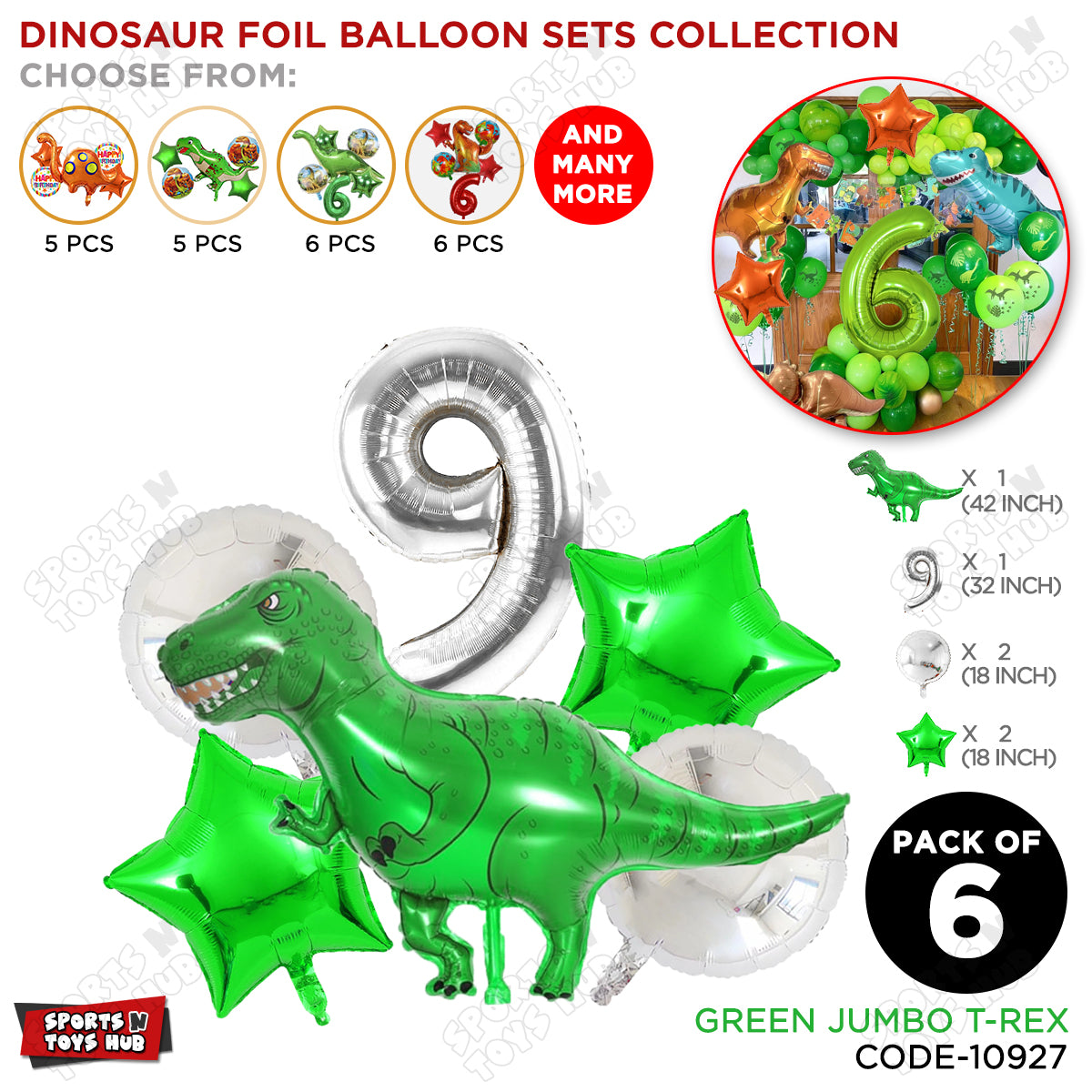 Jumbo T-Rex Green Dino Foil Balloon Pack Of 6 Set With 32 Inch Foil Number Balloons