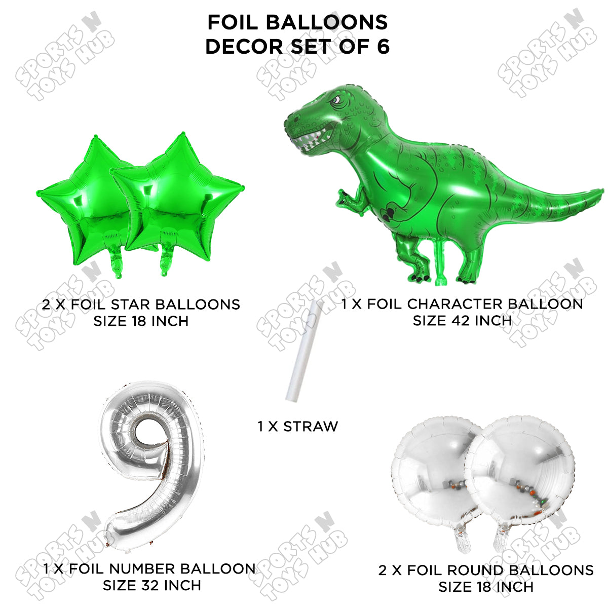 Jumbo T-Rex Green Dino Foil Balloon Pack Of 6 Set With 32 Inch Foil Number Balloons