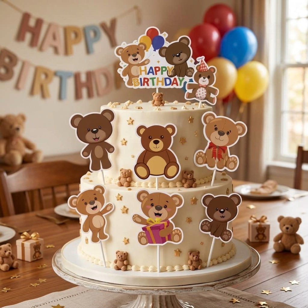 Cartoon Characters HBD Teddy Bear Cake Topper - 8 Pcs