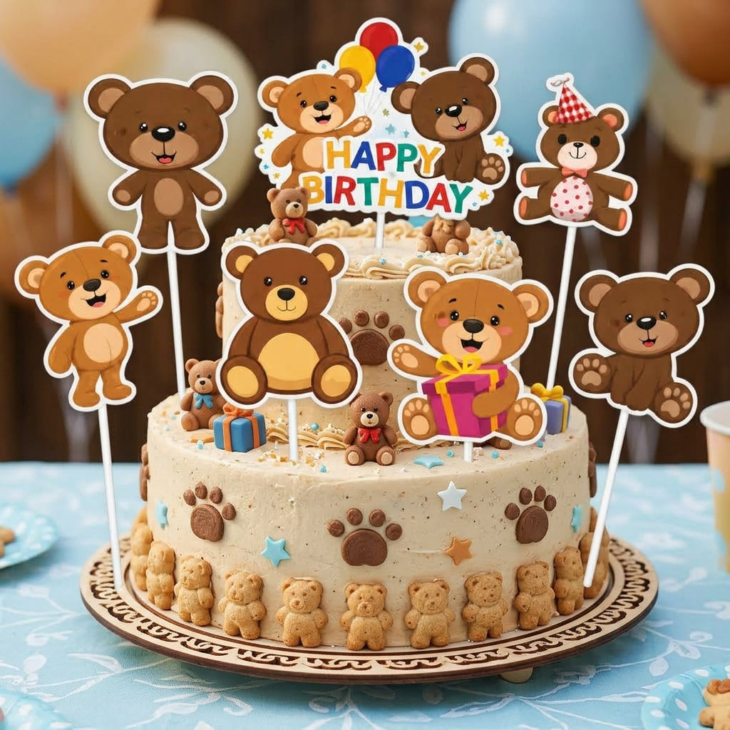 Cartoon Characters HBD Teddy Bear Cake Topper - 8 Pcs