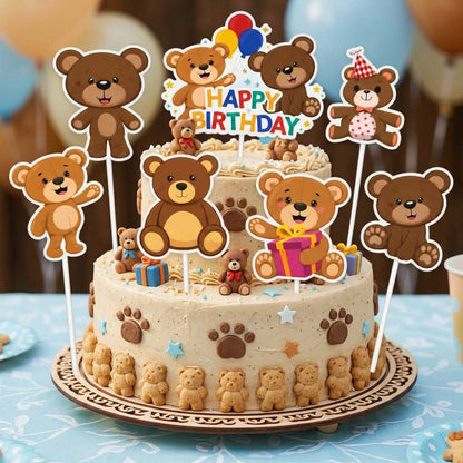 Cartoon Characters HBD Teddy Bear Cake Topper - 8 Pcs