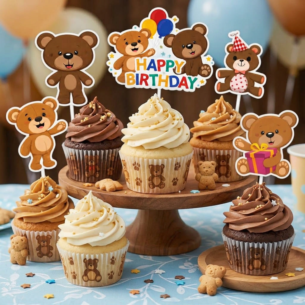 Cartoon Characters HBD Teddy Bear Cake Topper - 8 Pcs