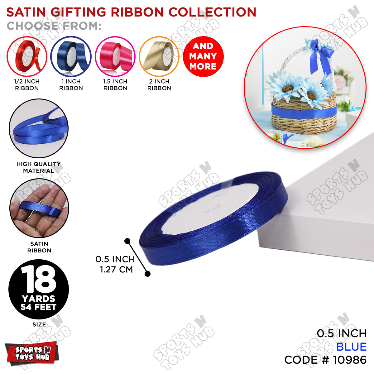 1/2 Inch x 18 Yards – Multi-Purpose Satin Ribbon Roll for Gift Wrapping, Crafts & Decorations